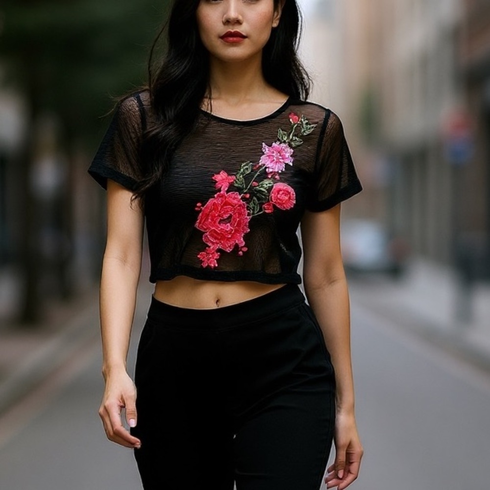 Y2k Black Mesh Crop Top Pink Rose Floral Embroidery Sheer Grunge Fairy S